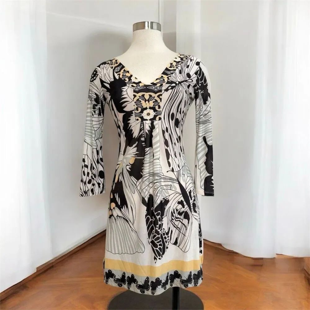 White Mark Y2K Butterfly Cream Black Shift Dress Mini Small Stripe Polka Dot